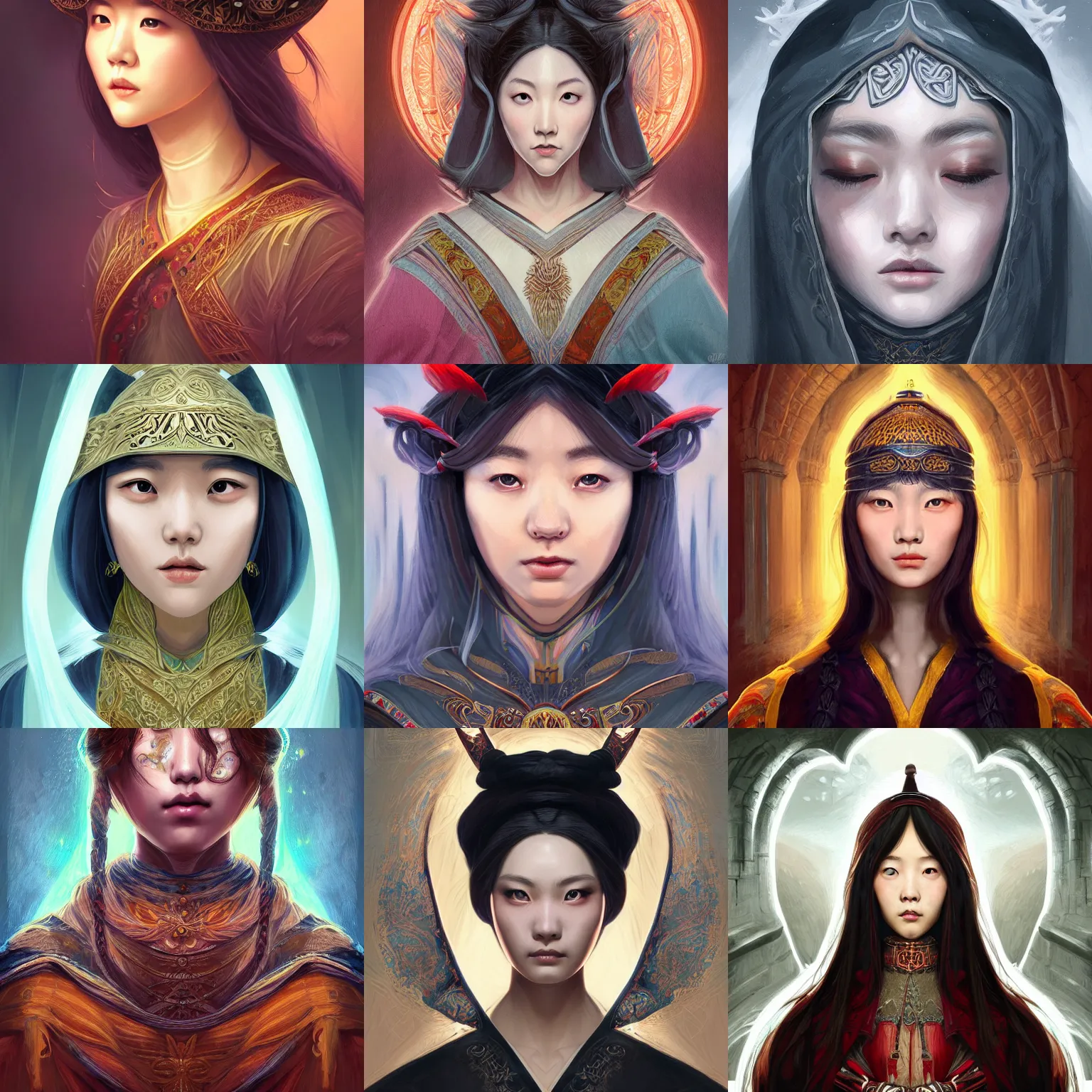 Image similar to head-on symmetrical centered painted portrait, korean woman as a D&D wizard, medieval robes, fantasy, intricate, elegant, highly detailed, digital painting, smooth, sharp focus, illustration, artstation, in the style of Artgerm and Anna Podedworna and Alex Ross