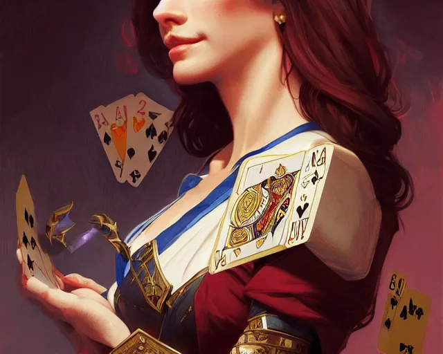 Image similar to royal flush, all in, poker, winner, smirk, deep focus, d & d, fantasy, intricate, elegant, highly detailed, digital painting, artstation, concept art, matte, sharp focus, illustration, hearthstone, art by artgerm and greg rutkowski and alphonse mucha