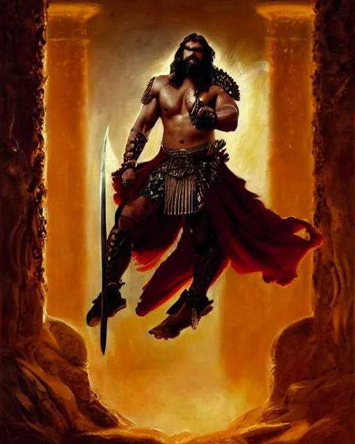 Prompt: beautiful portrait oil painting, jason momoa conan the barbarian wearing a golden wreath crown in royal crimson spartan armor enthroned as the god emperor of ancient rome, mid - shot, action pose, standing in a dungeon, frank frazetta, boris vallejo, greg rutkowski, beautiful cinematic light, american romanticism, by thomas lawrence, greg rutkowski