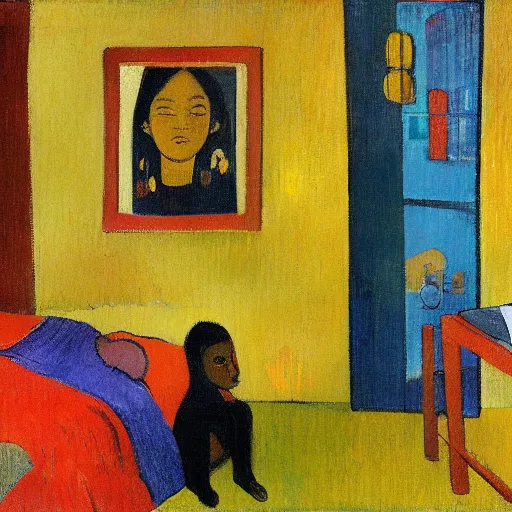 Prompt: representation of a modern girl in her room in the style of Paul Gauguin, French artist