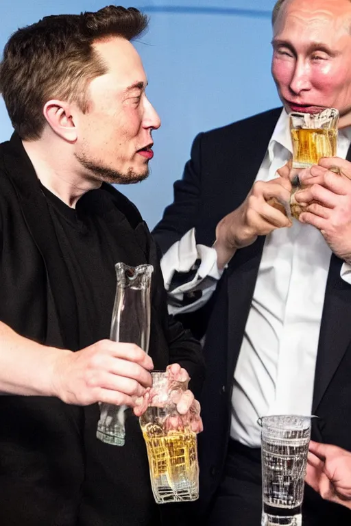 Prompt: detailed photo of elon musk drinking vodka with putin