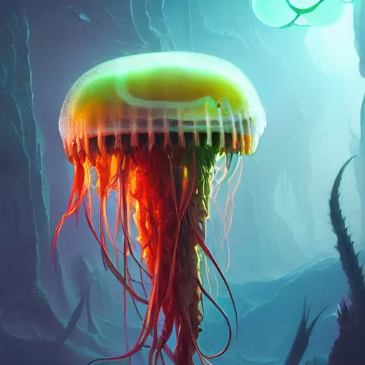 Image similar to photorealistic alien jellyfish world in the style of greg rutkowski and michael whelan. hyperdetailed photorealism, 1 0 8 megapixels, amazing depth, glowing rich colors, powerful imagery, psychedelic overtones, 3 d finalrender, 3 d shading, cinematic lighting, artstation concept art