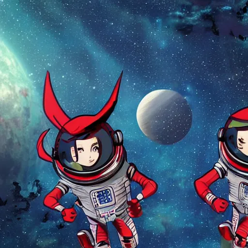 Prompt: closeup of vampire astronauts dancing in front of a space city on an alien planet, highly detailed, vibrant, anime, beautiful cosmic sky