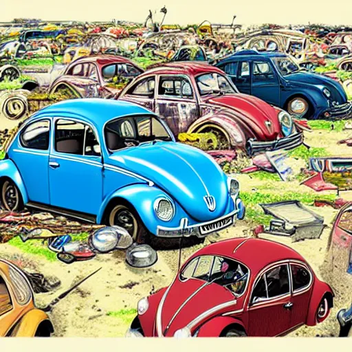 Image similar to highly detailed illustration of a bunch of volkswagen beetles and the british group the beatles battling on a junkyard battleground, color restoration