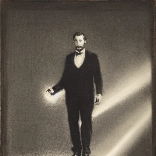 Image similar to portrait of an action hero in suit and tie, raising his hand to summon a blinding light, by alfred stevens in charcoal