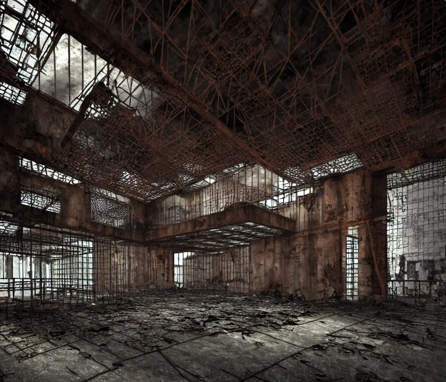 Prompt: An underground very dark dingy multi-layered structure of rusted iron bars, chain-link fencing and peeling walls with many floors. Inside view, collapsed floors, bent rusted iron, masterpiece, corners, cinematic, hyperdetailed, photorealistic, hyperrealism, octane rendering, 8k, depth of field, bokeh, architecture, shadows, art by Zdzisław Beksiński, Arthur Rackham, Dariusz Zawadzki
