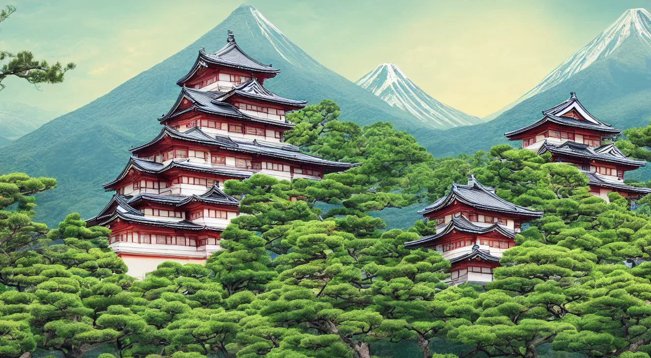 Prompt: a Japanese castle, with a garden as foreground, with mountains as background, in the style of digital art
