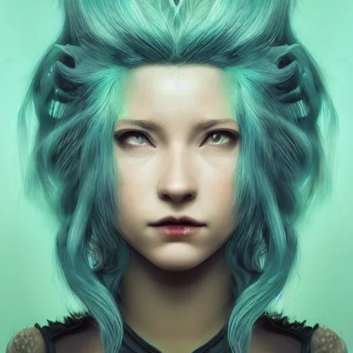 Prompt: The dragon girl portrait, portrait of young girl half dragon half human, dragon girl, dragon skin, dragon eyes, dragon crown, blue hair, long hair, highly detailed, cinematic lighting, by David Lynch