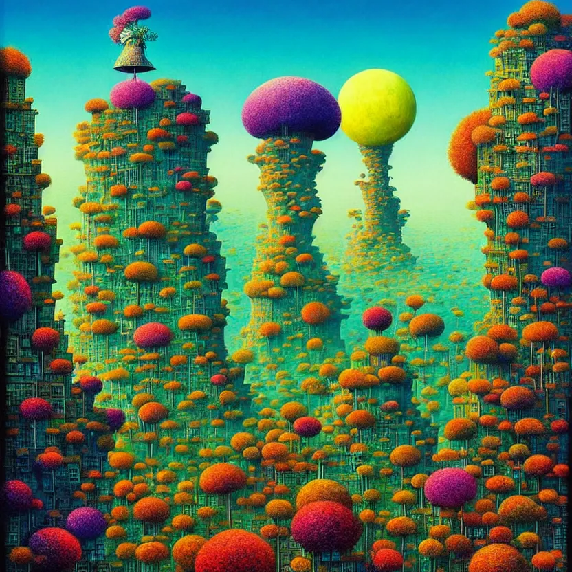 Image similar to surreal glimpse into other universe, mahanakorn tower, summer morning, very coherent and colorful high contrast, art by!!!! gediminas pranckevicius!!!!, geof darrow, floralpunk screen printing woodblock, dark shadows, hard lighting, stipple brush technique,