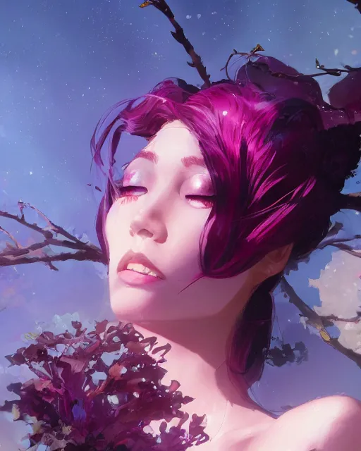Image similar to a highly detailed image of A beautiful woman basking, with medium length magenta hair covering an eye, and a tall tree, and large obsidian crystals, cinematic lighting, dramatic atmosphere, by Dustin Nguyen, Akihiko Yoshida, Greg Tocchini, Greg Rutkowski, Cliff Chiang, 4k resolution, trending on artstation