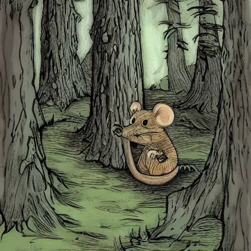 Prompt: maus in forest, by rivuletpaper, rivuletpaper art, harsh tales, cruel tales, MouseGuard by David Petersen, Illustration art