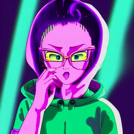 Prompt: vector bulma in hoodie, portrait, vaporwave, synthwave, neon, vector graphics, cinematic, volumetric lighting, f 8 aperture, cinematic eastman 5 3 8 4 film