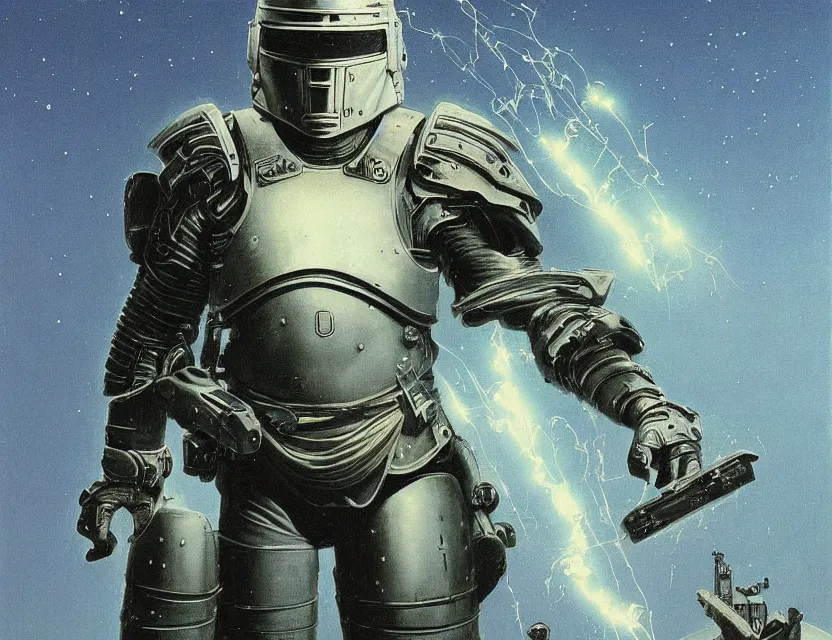 Image similar to a detailed portrait painting of a bounty hunter in combat armour and visor. cinematic sci-fi poster. Flight suit and wires, accurate anatomy. Samurai influence, knight influence. fencing armour. portrait symmetrical and science fiction theme with lightning, aurora lighting. clouds and stars. Futurism by beksinski carl spitzweg moebius and tuomas korpi. baroque elements. baroque element. intricate artwork by caravaggio. Oil painting. Trending on artstation. 8k