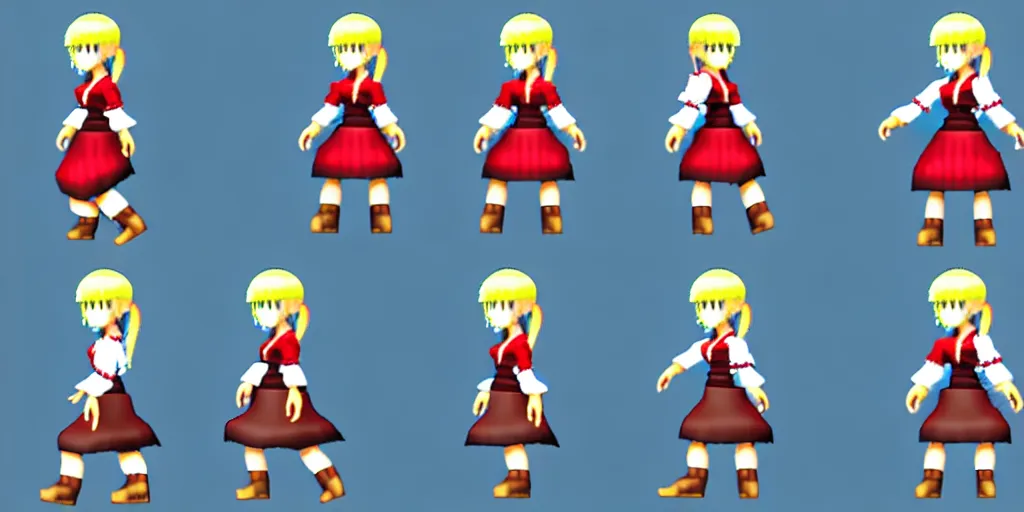 Prompt: 3 d walking cycle sprite sheet of a girl in a peasant clothes, walking to the right, each sprite is a different frame of the animation, in the style of final fantasy games, side view of her taking steps, accurate walk cycle, walk cycle, walk cycle, always wearing the same clothes