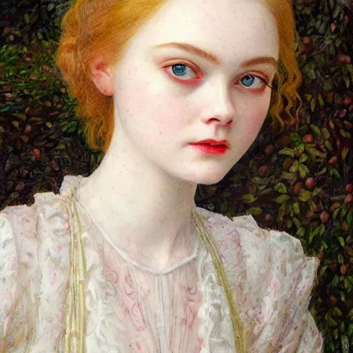 Prompt: professional painting of Elle Fanning in the style of Eleanor Fortescue-Brickdale, head and shoulders portrait, symmetrical facial features, smooth, sharp focus, illustration, intricate, stormy weather, extremely detailed masterpiece,