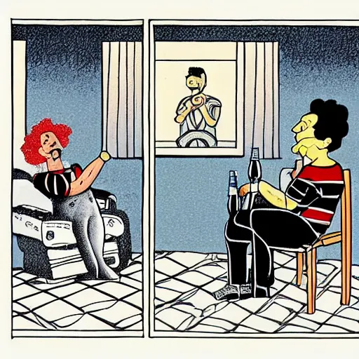 Prompt: the greek god eros who is a clown, has hurt his knee and sitting in a chair and is watching the game on tv with a beer in hand, by chris ware