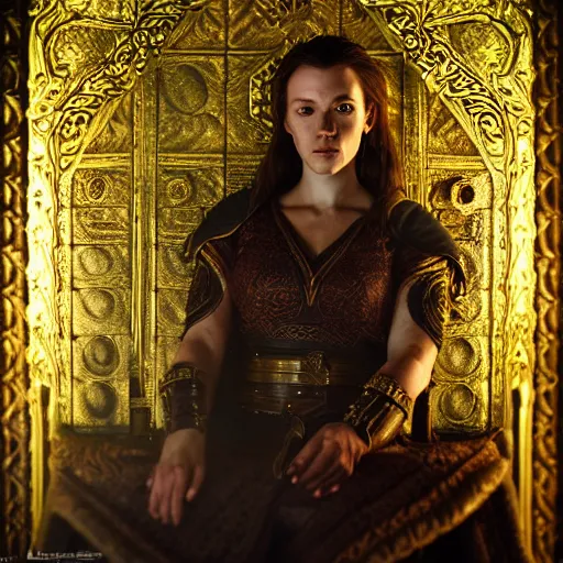 Image similar to the elder scrolls vi, charismatic regal brunette female jarl, portrait, throne room, atmospheric lighting, painted, intricate, volumetric lighting, beautiful, daytime, sunny weather, slight overcast, sharp focus, deep colours, ultra detailed, by leesha hannigan, ross tran, thierry doizon, kai carpenter, ignacio fernandez rios