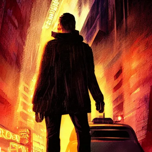 Image similar to rick deckard from blade runner colored digital illustration