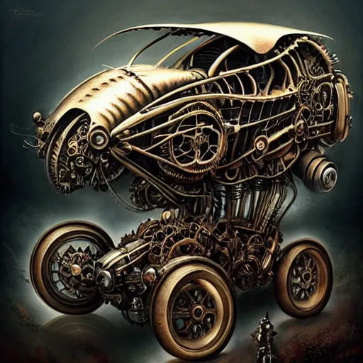 Image similar to biomechanical steampunk vehicle reminiscent of fast sportscar with robotic parts and (glowing) headlights parked in ancient lush palace, gothic and baroque, brutalist architecture, ultradetailed, creepy ambiance, fog, artgerm, giger, Intricate by Ellen Jewett and Josan Gonzalez and Giuseppe Arcimboldo