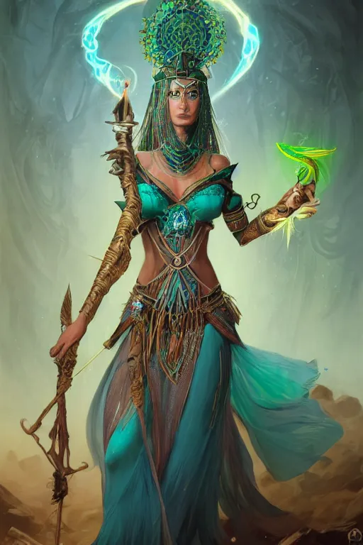 Image similar to beautiful sorceress female with teal skin, full body shot, long hair made of algae, egyptian clothing, with a wooden stuff and a crossbow, d & d, fantasy, intricate, elegant, highly detailed, digital painting, artstation, concept art, matte, sharp focus, illustration, hearthstone, art by artgerm and greg rutkowski and alphonse mucha