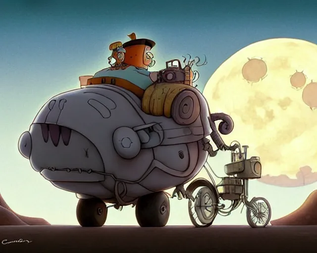 Prompt: a cell shaded cartoon giant grey lovecraftian mechanized fred flintstone from howl's moving castle ( 2 0 0 4 ), with a big head, on a desert road, wide shot, in front of a big moon, muted colors, post grunge, josan gonzales, wlop, by james jean, victor ngai, hq, deviantart, art by artgem