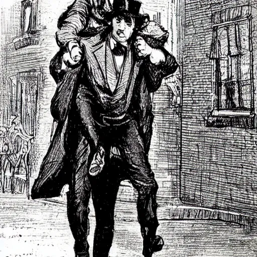 Image similar to Sherlock Holmes carrying Dr Watson on his back, in the style of Sidney Paget