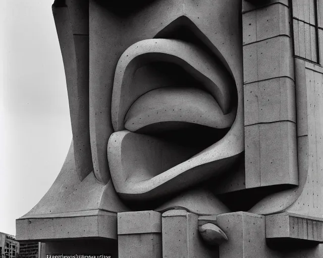 Image similar to by szukalski, francis bacon, vivian maier, mystical redscale photography evocative. a brutalist concrete carved sculpture of the birth of the machine intelligence, standing in a city center.