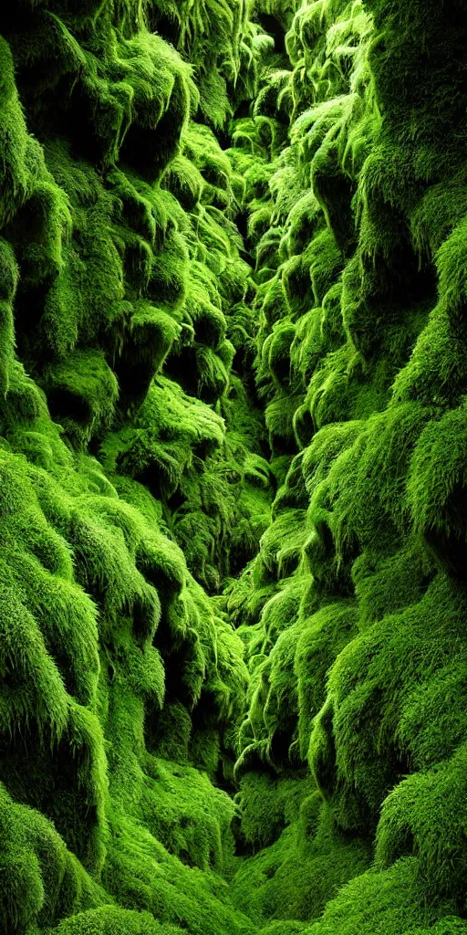 Image similar to dream looking through, a hyper realistic photograph fertile, lush mossy ferns canyon, ferns, minimalist structure, misty, raining, icelandic valley, in the style of reuben wu, roger deakins