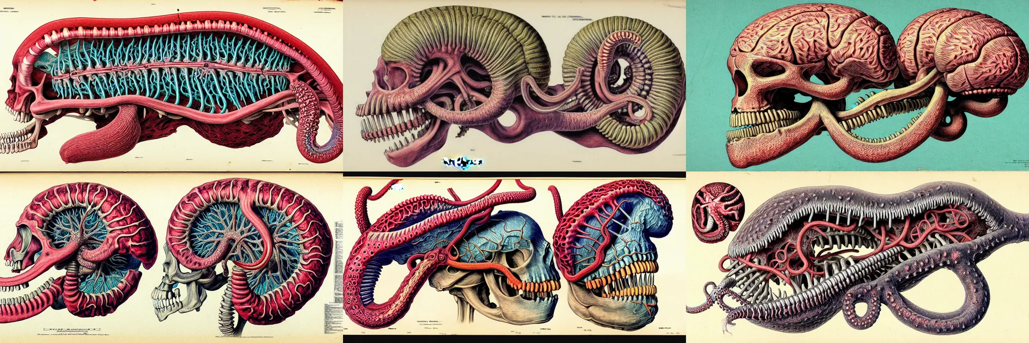 Prompt: hyper-detailed color pencil antique medical illustration of Kaiju head cross-section, nautilus brain, ribcage, xhenomorph, with tentacles coming out of open mouth and exposed jaw bone, spinal column, cerebral corpus callosum, cerebellar peduncle, interventricular foramen, symmetrical H 1024