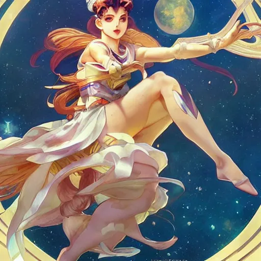 Prompt: Sailor Moon jumping accross the Moon, nature unity, planets align, clear sky high detail, high detail face, art by artgerm and greg rutkowski and alphonse mucha