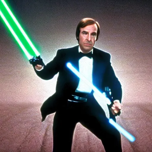 Image similar to A still of Saul Goodman in Star Wars: A New Hope, holding an activated lightsaber, wearing a suit