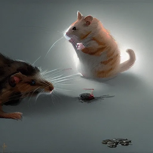 Image similar to a hamster killing a cat by greg rutkowski