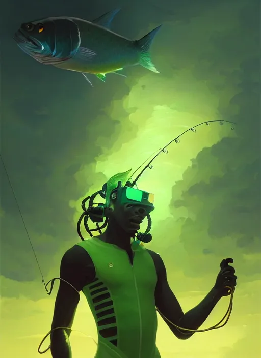 Image similar to portrait of a male jamaican fisherman sci - fi glowing fishing armor fishing rod cyberpunk muscular intricate elegant highly detailed digital painting artstation concept art, ocean background, yellow green black, cinematic, greg rutkowski, loish, rhads, ferdinand knab, makoto shinkai and lois van baarle, ilya kuvshinov, rossdraws, tom bagshaw