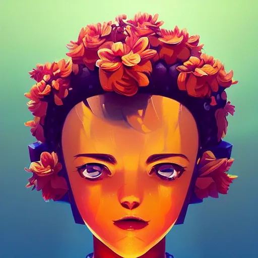 Image similar to a robot head with flowers coming out of the top, minimalist, behance hd by jesper ejsing, by rhads, makoto shinkai and lois van baarle, ilya kuvshinov, rossdraws global illumination