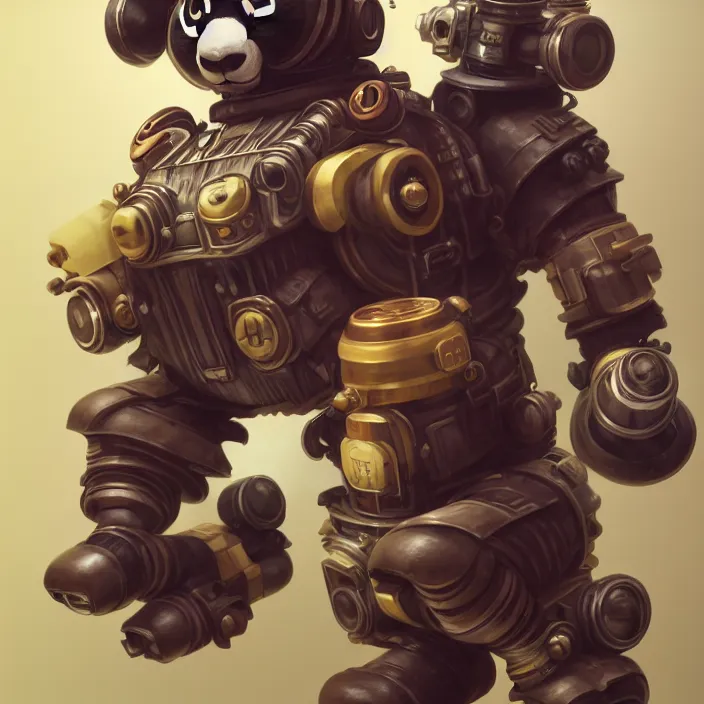 Image similar to dieselpunk android panda, vaporwave, naturel, glossy reflections, hyper detailed, digital art, trending in artstation, cinematic lighting, studio quality, smooth render, unreal engine 5 rendered, octane rendered, art style by klimt and nixeu and ian sprigger and wlop and krenz cushart.