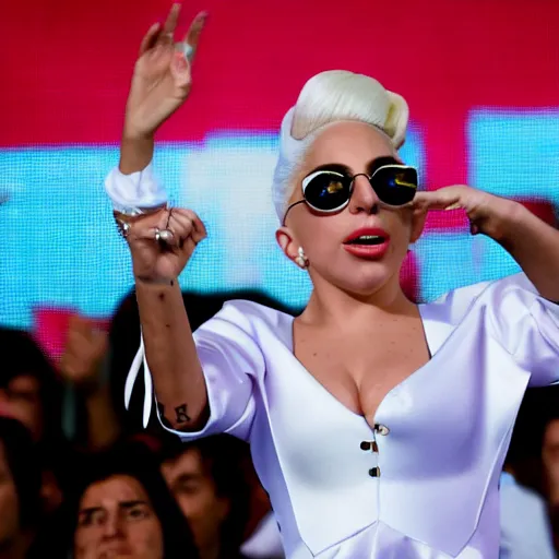 Image similar to Lady Gaga as president, Argentina presidential rally, Argentine flags behind, bokeh, giving a speech, detailed face, Argentina