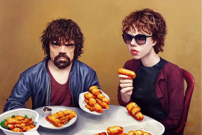 Image similar to portrait of peter dinklage sharing hotdogs with scarlett johansson, an oil painting by ross tran and thomas kincade