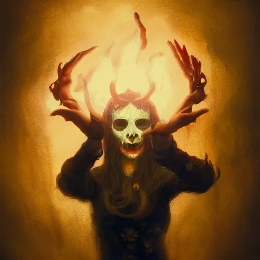 Prompt: a beautiful artwork of a warlock performing a dark ritual with fire, by anja millen, featured on artstation