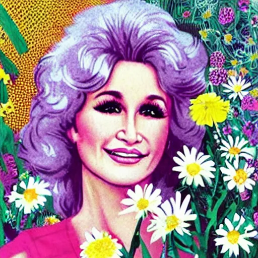 Image similar to young Dolly Parton surrounded by daisies, 70s poster design, retro, groovy, hippie