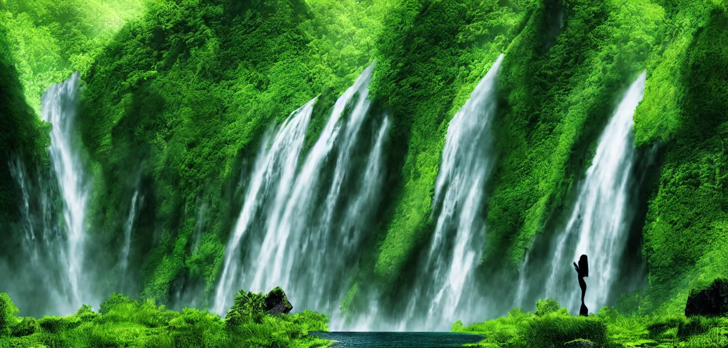 Image similar to a large waterfall in the middle of a green valley, vector art, a detailed matte painting by jacob willemszoon de wet, shutterstock contest winner, naturalism, sense of awe, national geographic photo, unreal engine