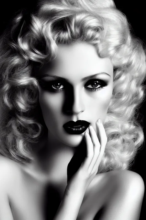 Prompt: stunning black and white portrait of a beautiful blonde woman by kenneth willardt. long curly glossy hair and makeup. face only, no hand. vintage glamour. shiny dark lips. highly detailed and realistic oil painting on canvas. brush strokes.