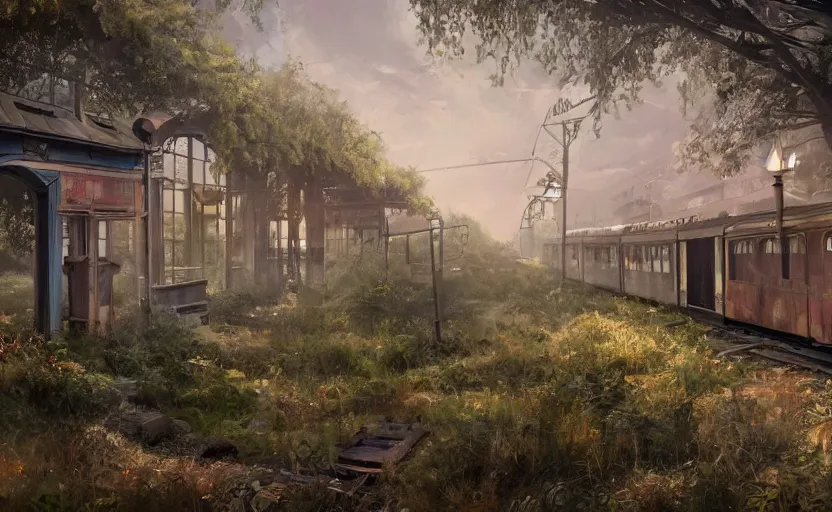 Prompt: An abandoned train station in the style of Disney, disney concept art, cinematic lighting, overgrown swedish urban landscape, 8k resolution, trending on artstation