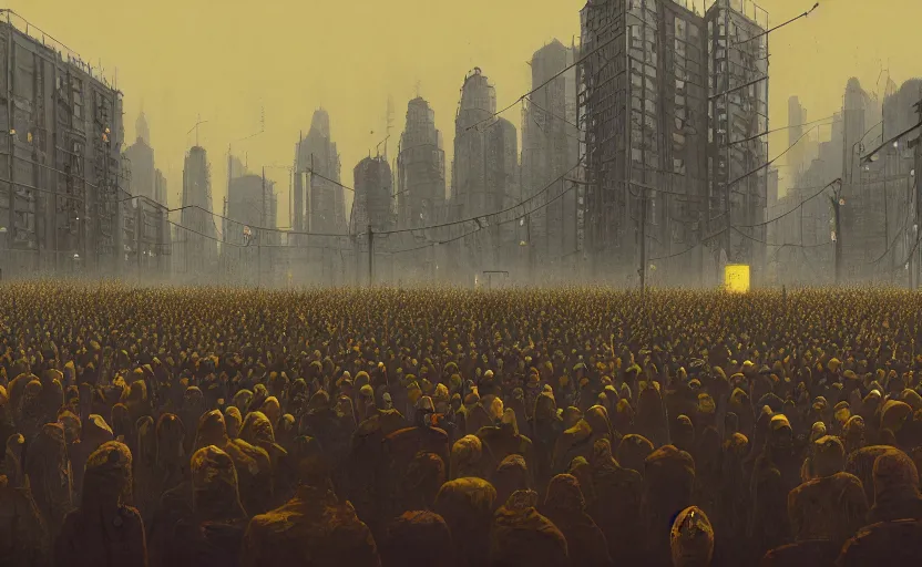 Prompt: an intricate matte painting of a crowd of people, by simon stalenhag, rust, yellow and black trim, trending on artstation, hdr, 8 k