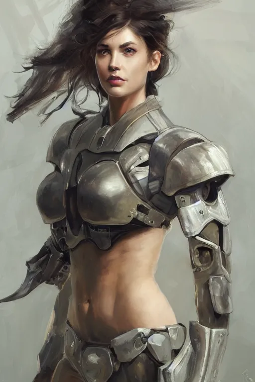 Image similar to a professionally painted portrait of an attractive young woman, clothed in military armor, olive skin, long dark hair, beautiful bone structure, symmetrical facial features, intricate, elegant, digital painting, trending on Artstation, concept art, smooth, sharp focus, illustration, from Metal Gear by Ruan Jia and Mandy Jurgens and Artgerm and William-Adolphe Bouguerea, award winning