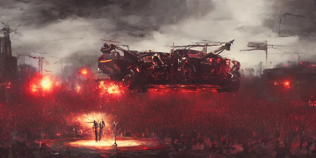Prompt: concept art, of a [ rage against the machine ] band memebers!!! concert!!! humans fighting with robots!!, detailed, close shot, dark concept art, dark skies painting by wlop, nixeu and greg rutkowski, beautiful, semirealism, artstation, octane render, oil painting, sharpness, 8 k, golden ratio