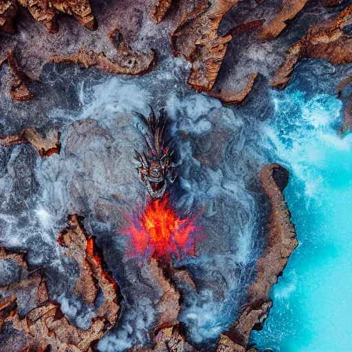 Image similar to shot of a mythological western fantasy dragon bathing in lava, cryptid, unexplained phenomena, drone photography, 8k