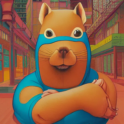 Image similar to a detailed painting of a capybara superhero by casey weldon by studio ghibli, new contemporary art, comic book illustration, anime