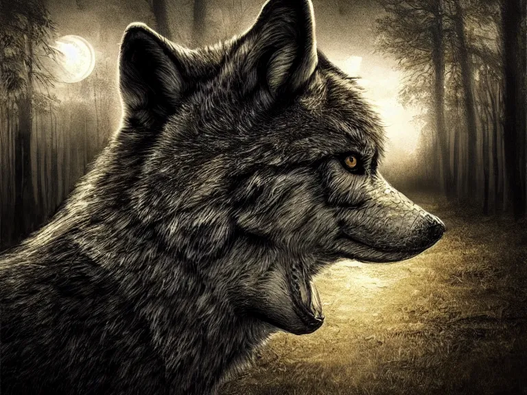 Image similar to A wolf with features of a crocodile, moody lighting, yellowish full moon, pinewood forest, realistic, photorealistic art done in photoshop