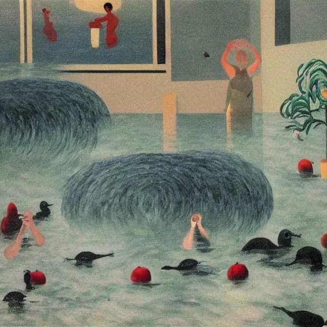 Image similar to painting of flood waters inside an apartment, tall female emo art student, a river flooding indoors, pomegranates, pigs, ikebana, water, river, rapids, waterfall, black swans, canoe, berries, acrylic on canvas, surrealist, by magritte and monet