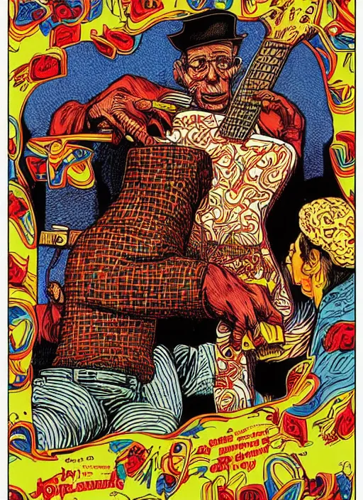 Image similar to artwork by robert crumb and joe coleman, graphic art, subdued colors, detailed drawing